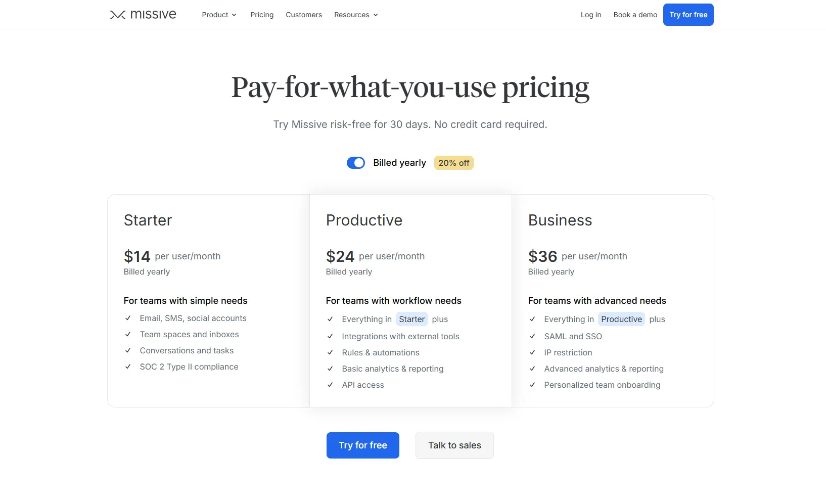 Missive's pricing page