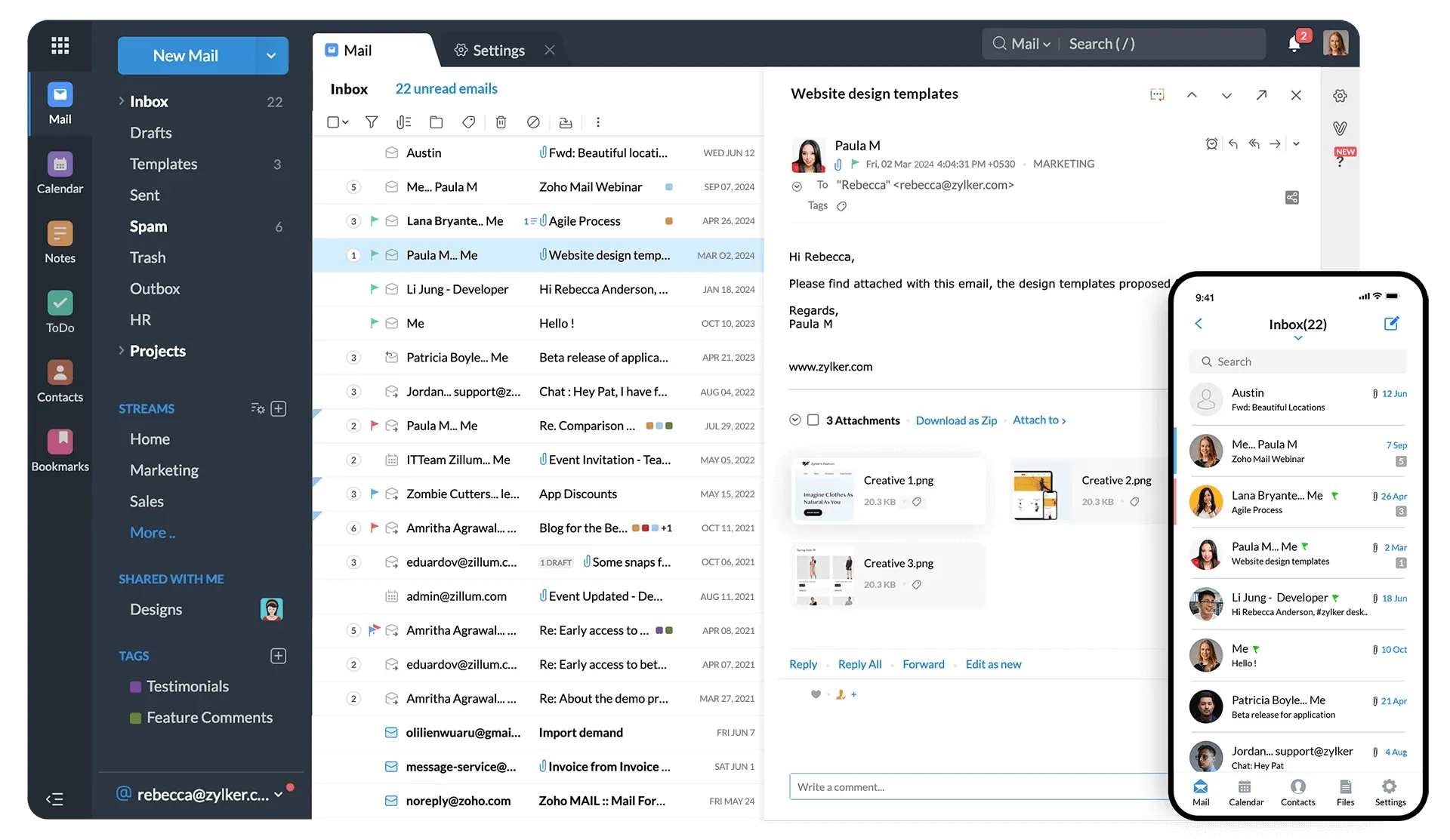 Zoho Mail inbox interface showing emails, folders, attachments, and the mobile email app.
