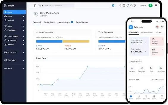Zoho Books dashboard showing receivables, payables, and cash flow reports on desktop and mobile.