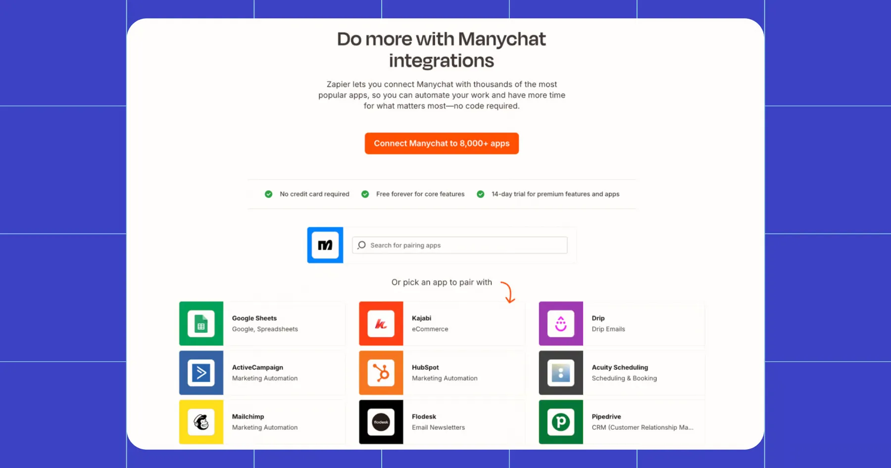 Manychat integrations page showing connected apps such as Google Sheets, Mailchimp, HubSpot, Kajabi, Drip, and Pipedrive.