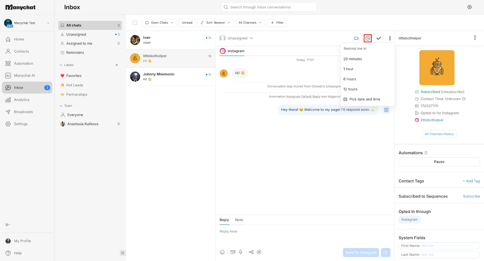 Manychat Inbox showing customer conversations, chat history, contact details, tags, and automation controls in a support-style dashboard.