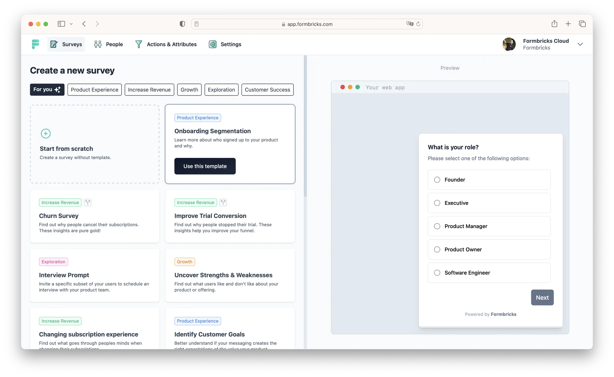 Screenshot of the Formbricks survey builder showing survey templates on the left and a live survey preview on the right.