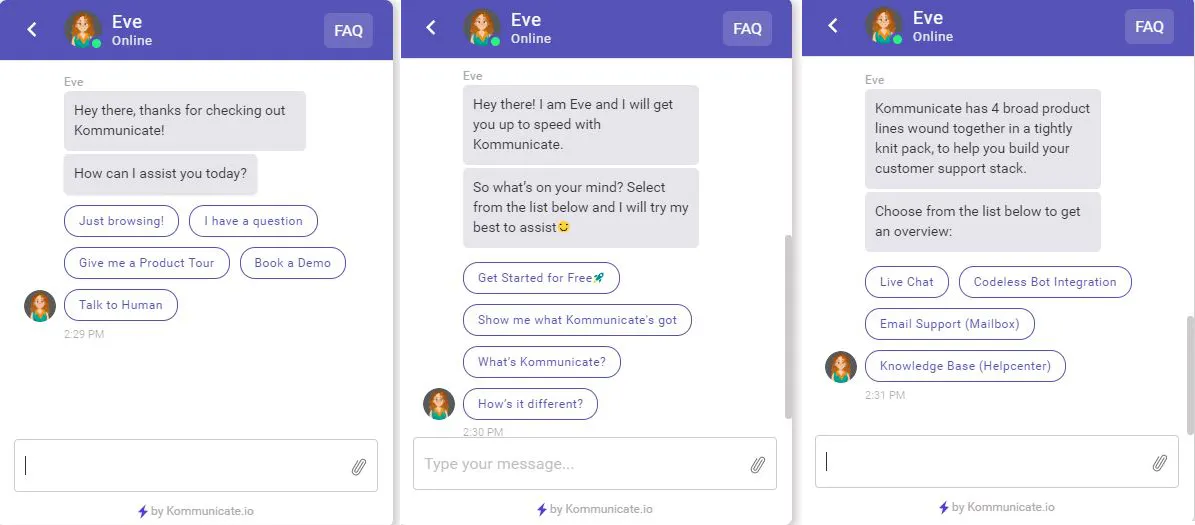 Screenshot of the Kommunicate chatbot interface showing three example chat flows with quick-reply buttons for support, product tours, demos, and knowledge base options.