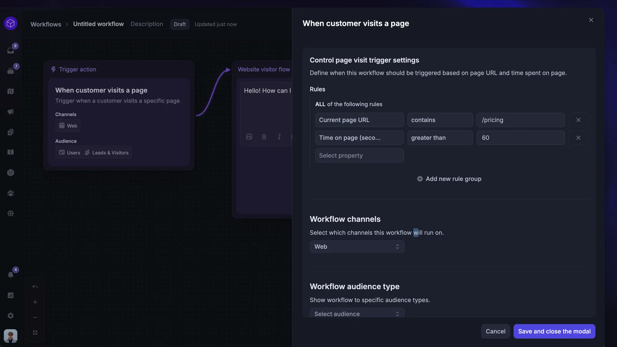 Featurebase workflow settings for triggering a message when a customer visits a specific page.