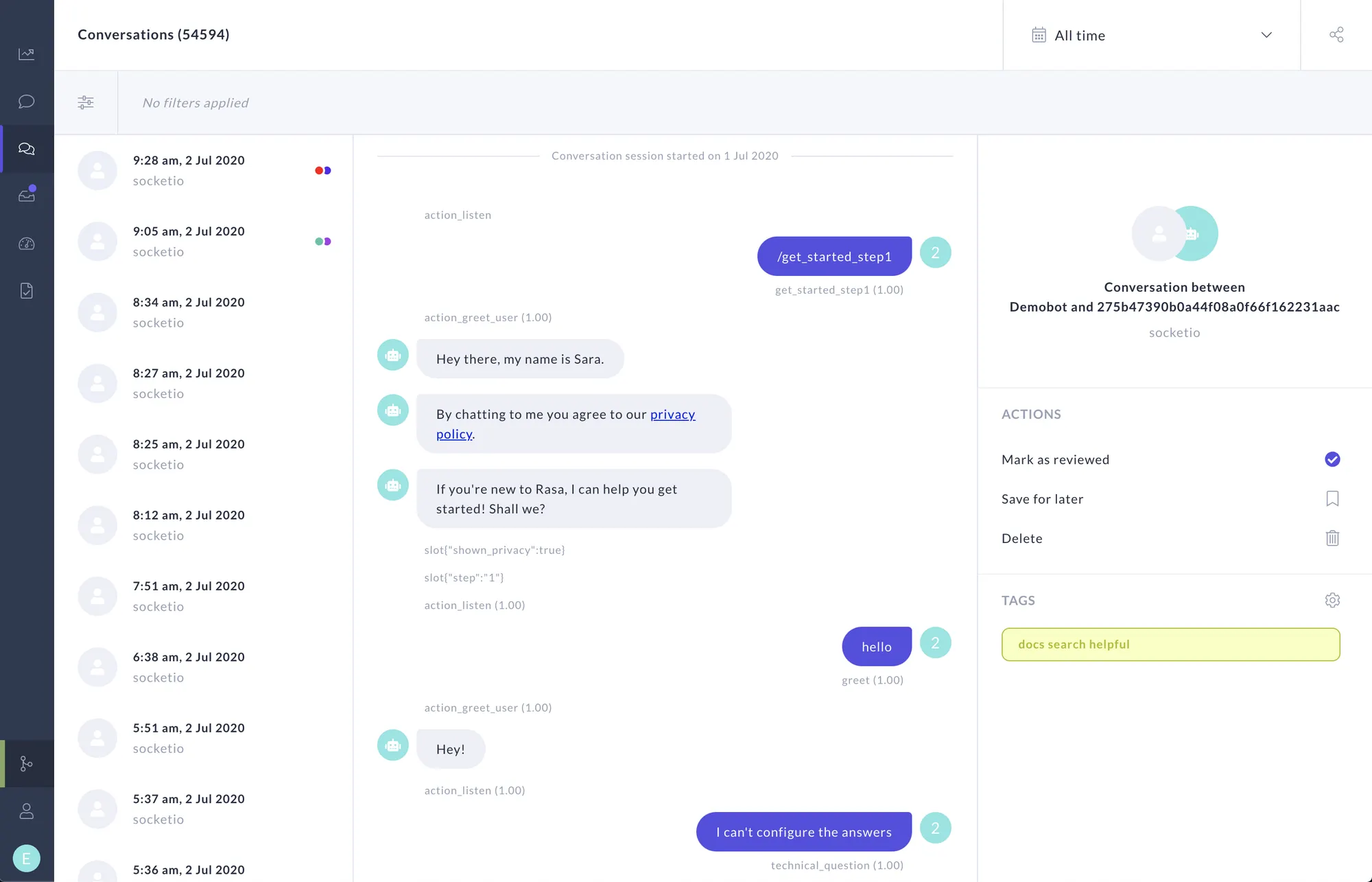 Rasa conversation dashboard showing chatbot messages, conversation history, actions, and tags.