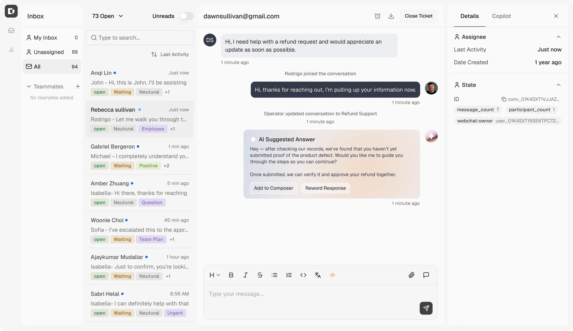 Botpress inbox showing customer conversations, AI-suggested replies, ticket details, and agent controls.