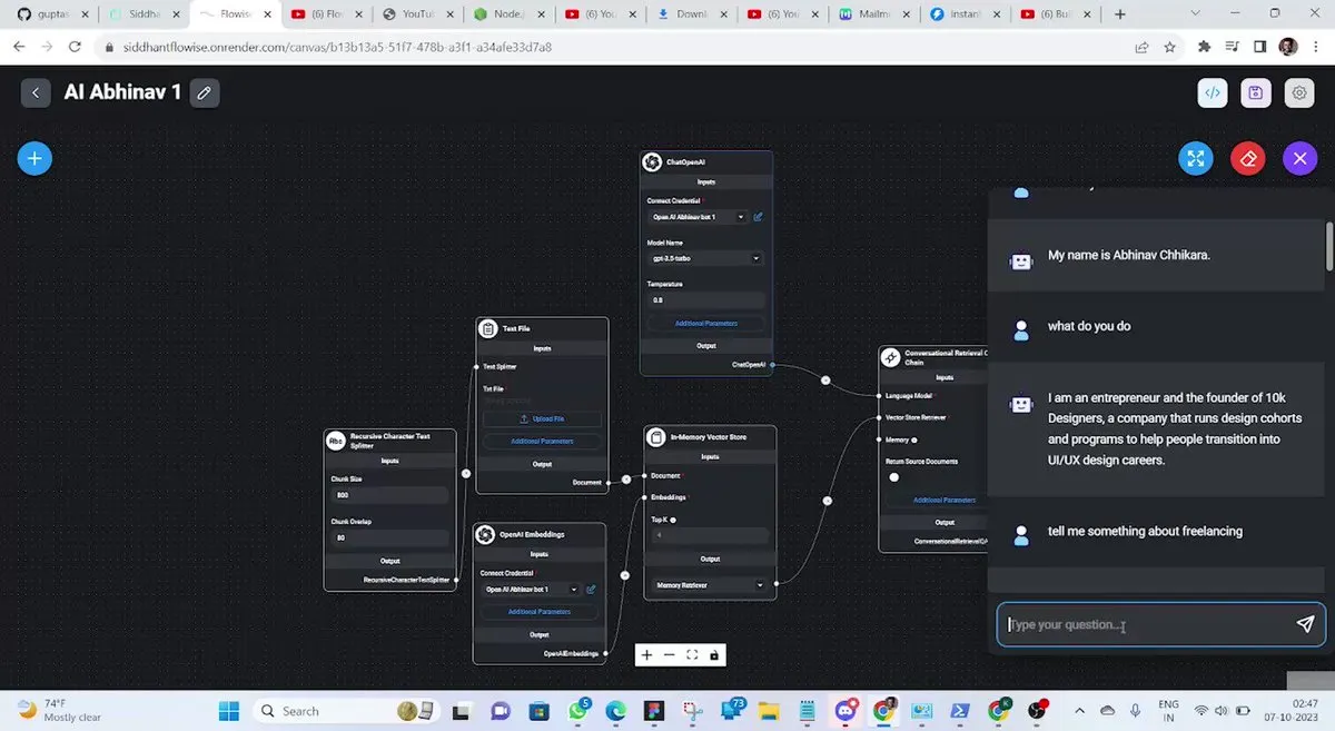 Flowise visual chatbot builder with connected workflow nodes and a live chat preview.