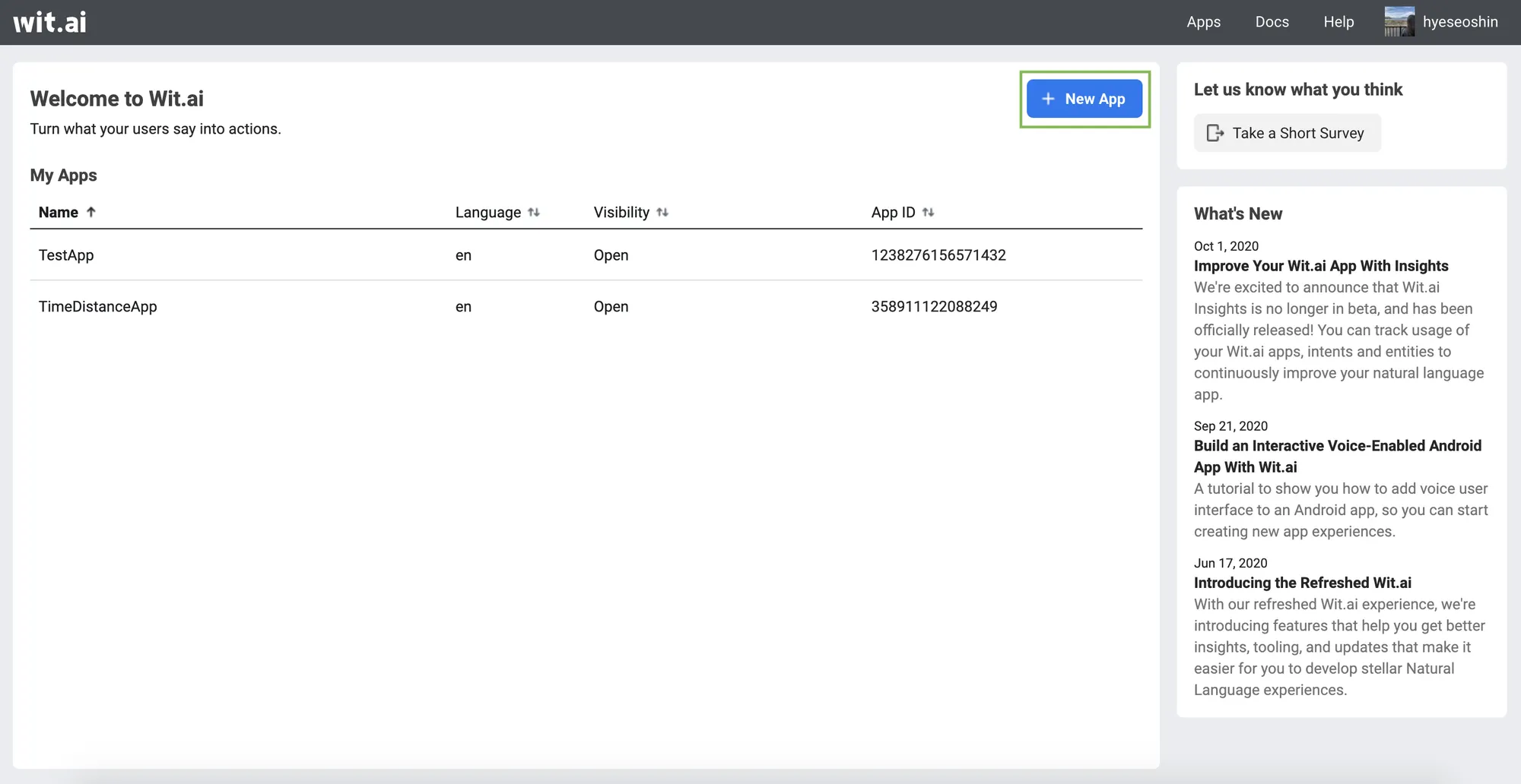 Wit.ai dashboard listing chatbot applications with language, visibility, and app ID details.