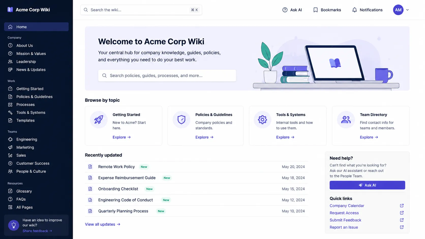 Example corporate wiki homepage with search, company policies, team resources, recently updated pages, and an AI assistant.