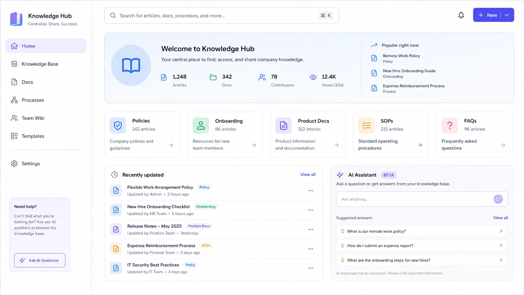 Example knowledge management system dashboard with searchable articles, company policies, onboarding guides, product documentation, recent updates, and an AI assistant.