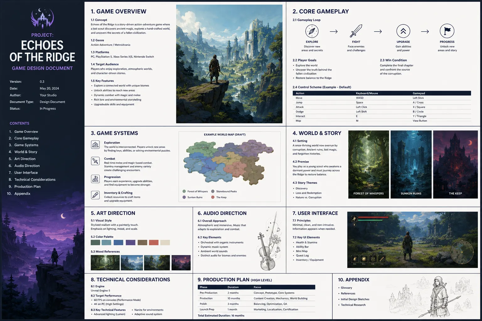 Sample game design document for a fantasy adventure game, covering gameplay, systems, story, art direction, interface, technical requirements, and production planning.