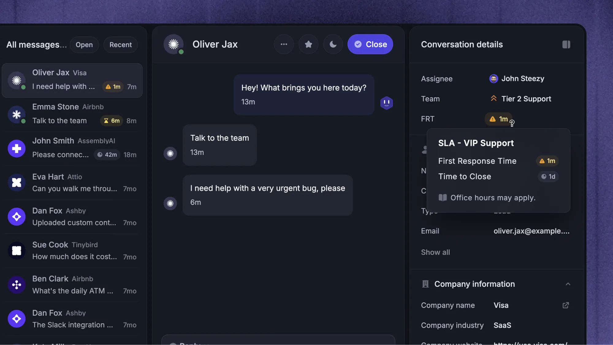 Featurebase inbox showing a customer conversation and SLA details.