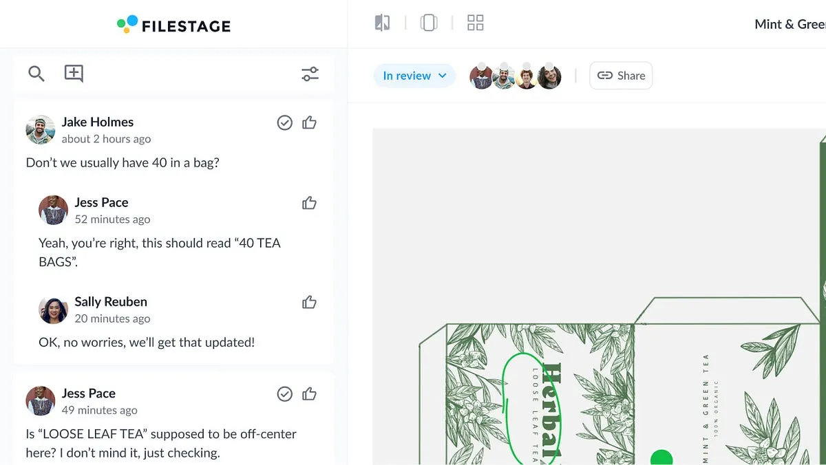 Filestage review workspace showing team comments beside a product packaging design.