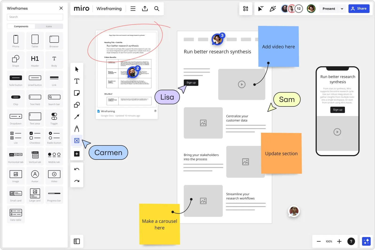 Miro collaborative whiteboard with wireframes, sticky notes, comments, and feedback from several team members.