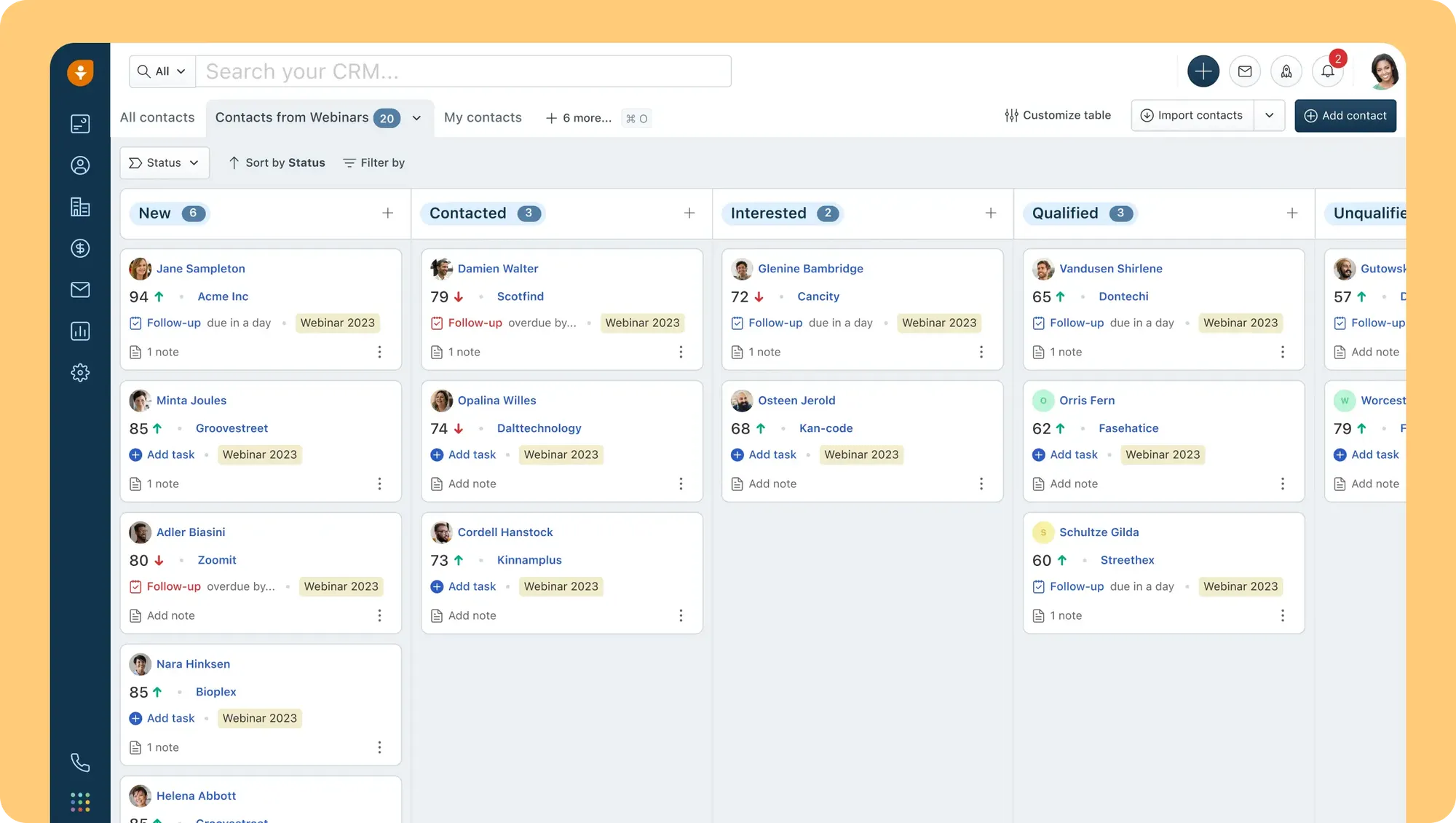Freshsales CRM contact board showing leads organized by status, from new to qualified.