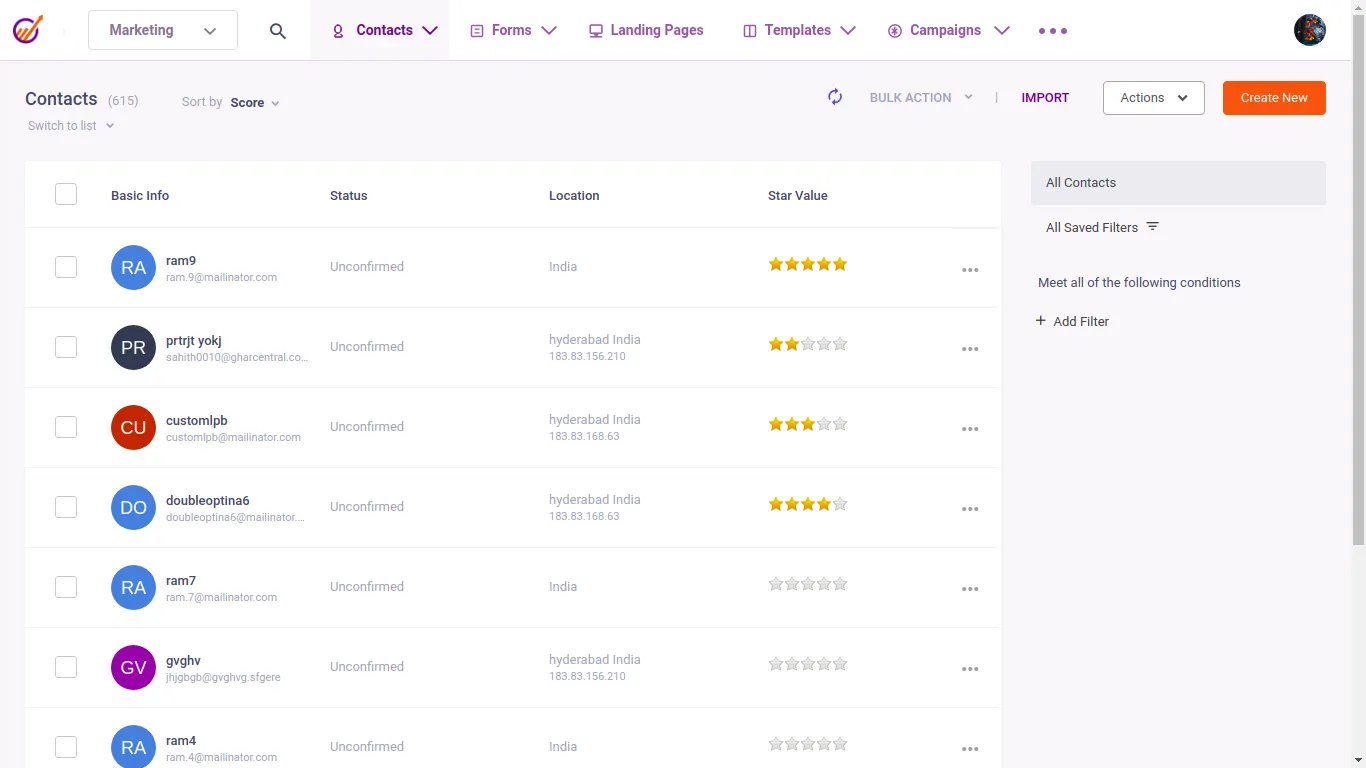 EngageBay CRM contact list showing customer details, locations, statuses, and lead ratings.