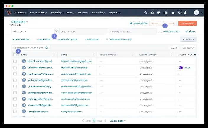 HubSpot CRM contacts dashboard showing customer records, contact owners, lead status, and company information.