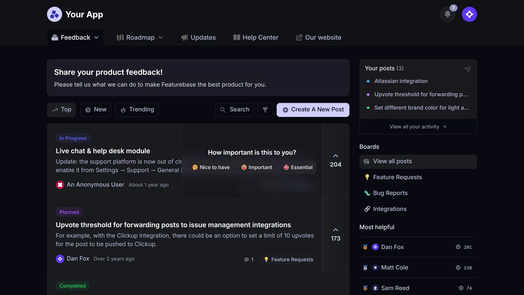 Featurebase feedback board showing product requests, bug reports, voting, and post statuses.