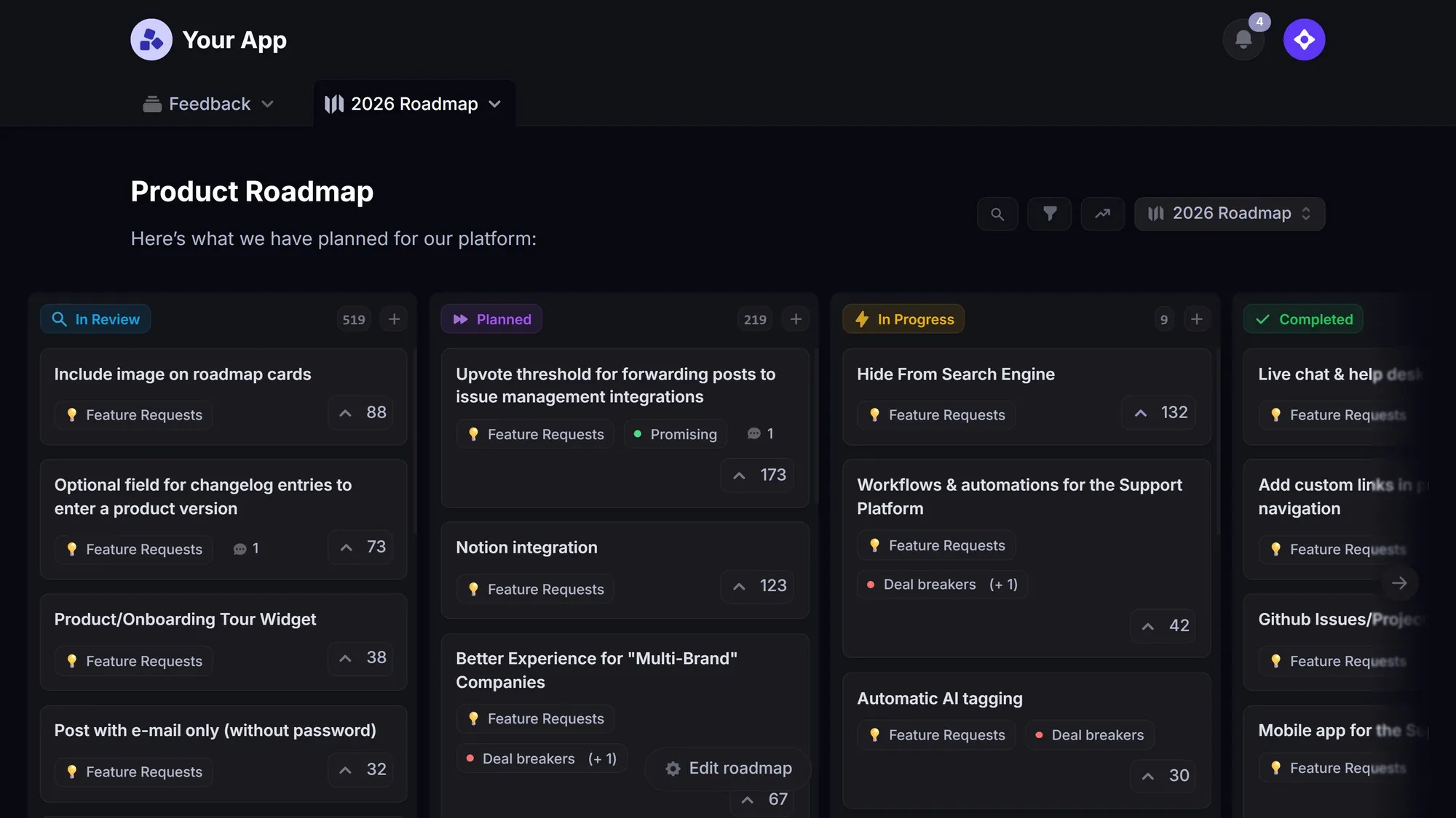 Featurebase product roadmap showing planned, in-progress, in-review, and completed updates.