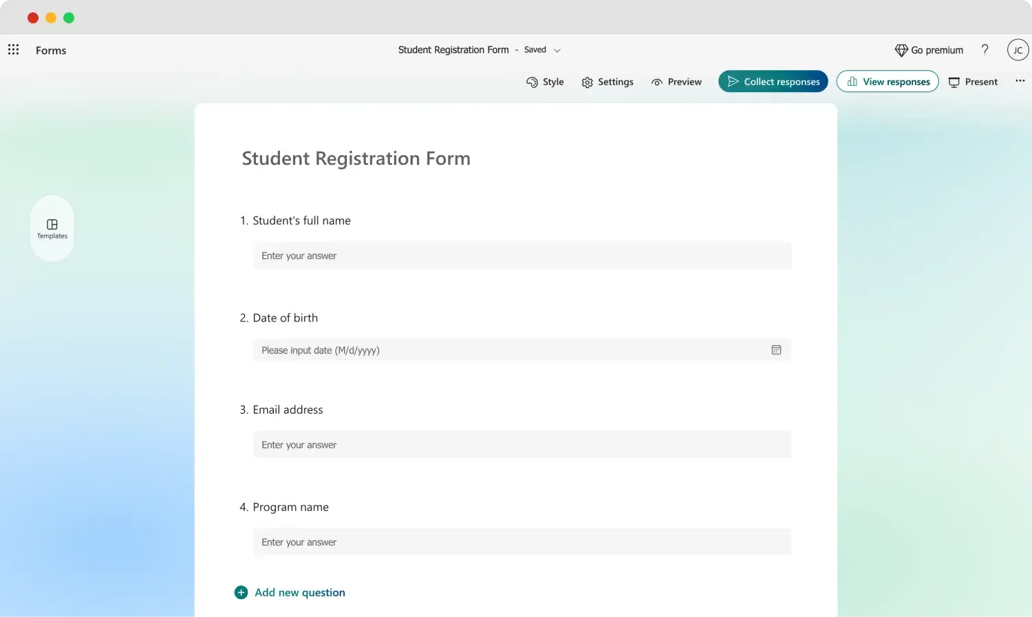 Microsoft Forms editor displaying a student registration form with contact and program fields.