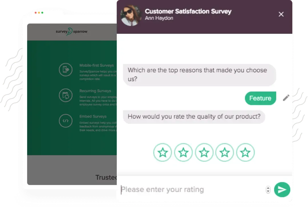 SurveySparrow customer satisfaction survey using conversational questions and star ratings.