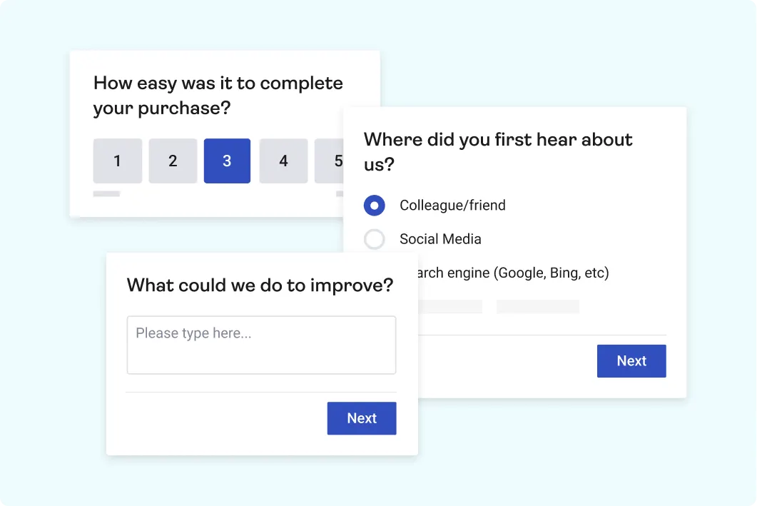 Hotjar survey examples featuring rating scales, multiple-choice questions, and written feedback fields.