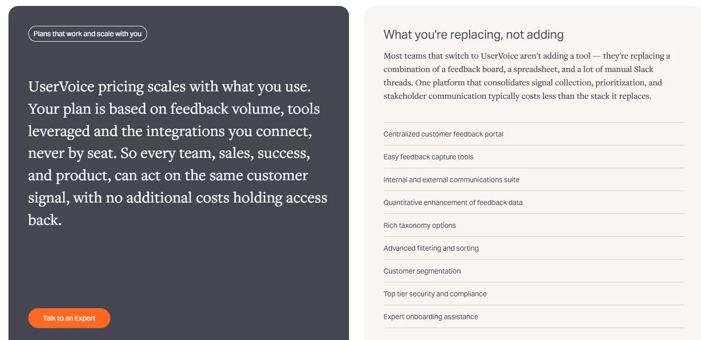 Uservoice's pricing page
