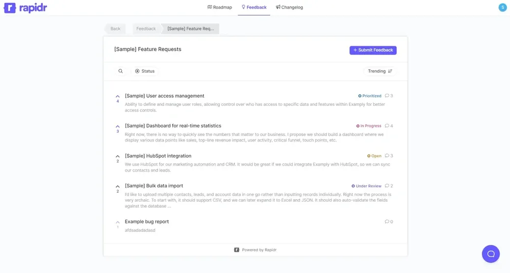 Rapidr's feedback board