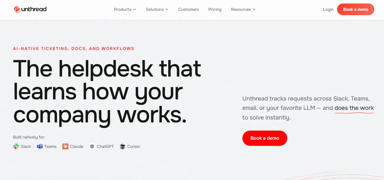 Unthread.io's landing page
