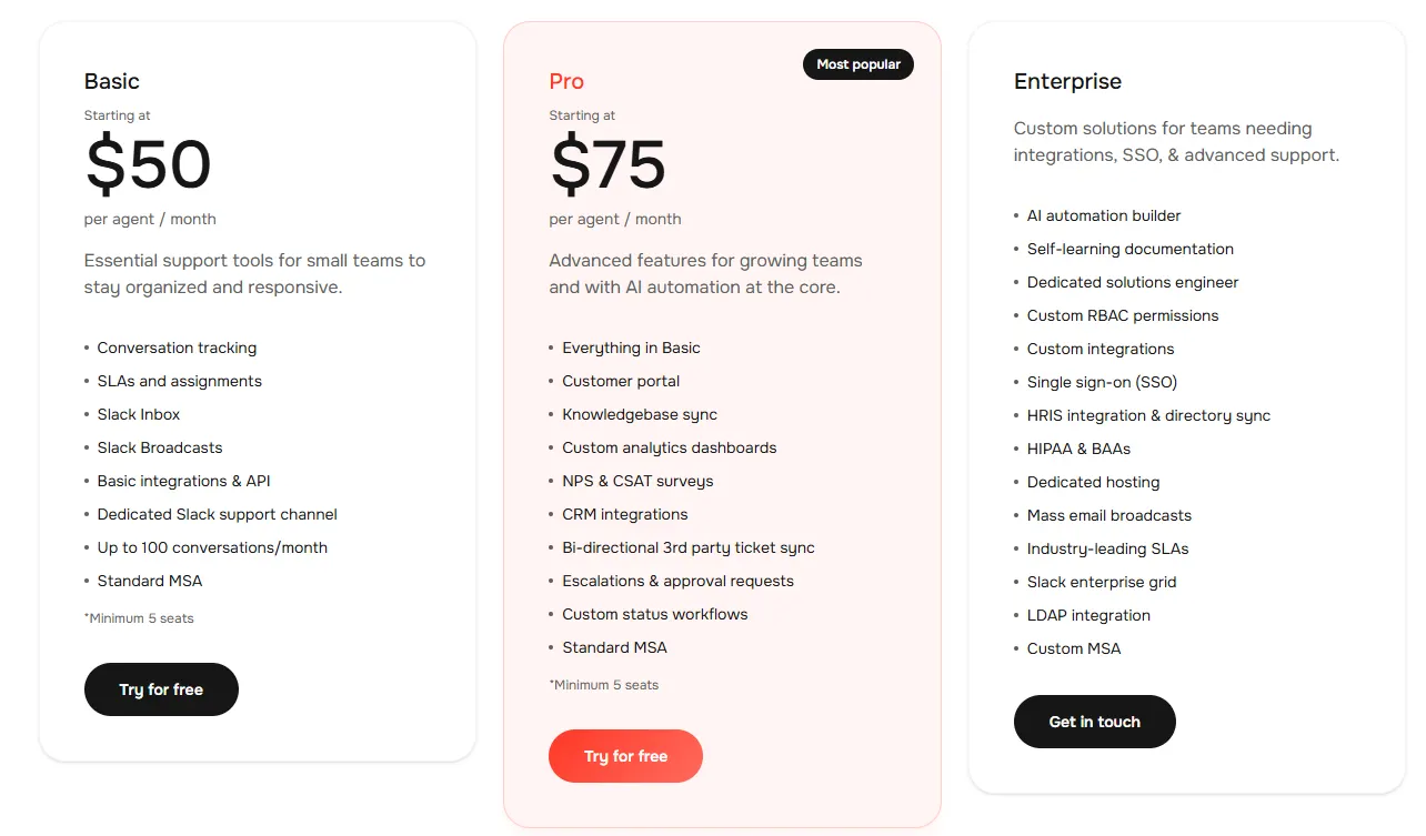 Unthread.io's pricing page