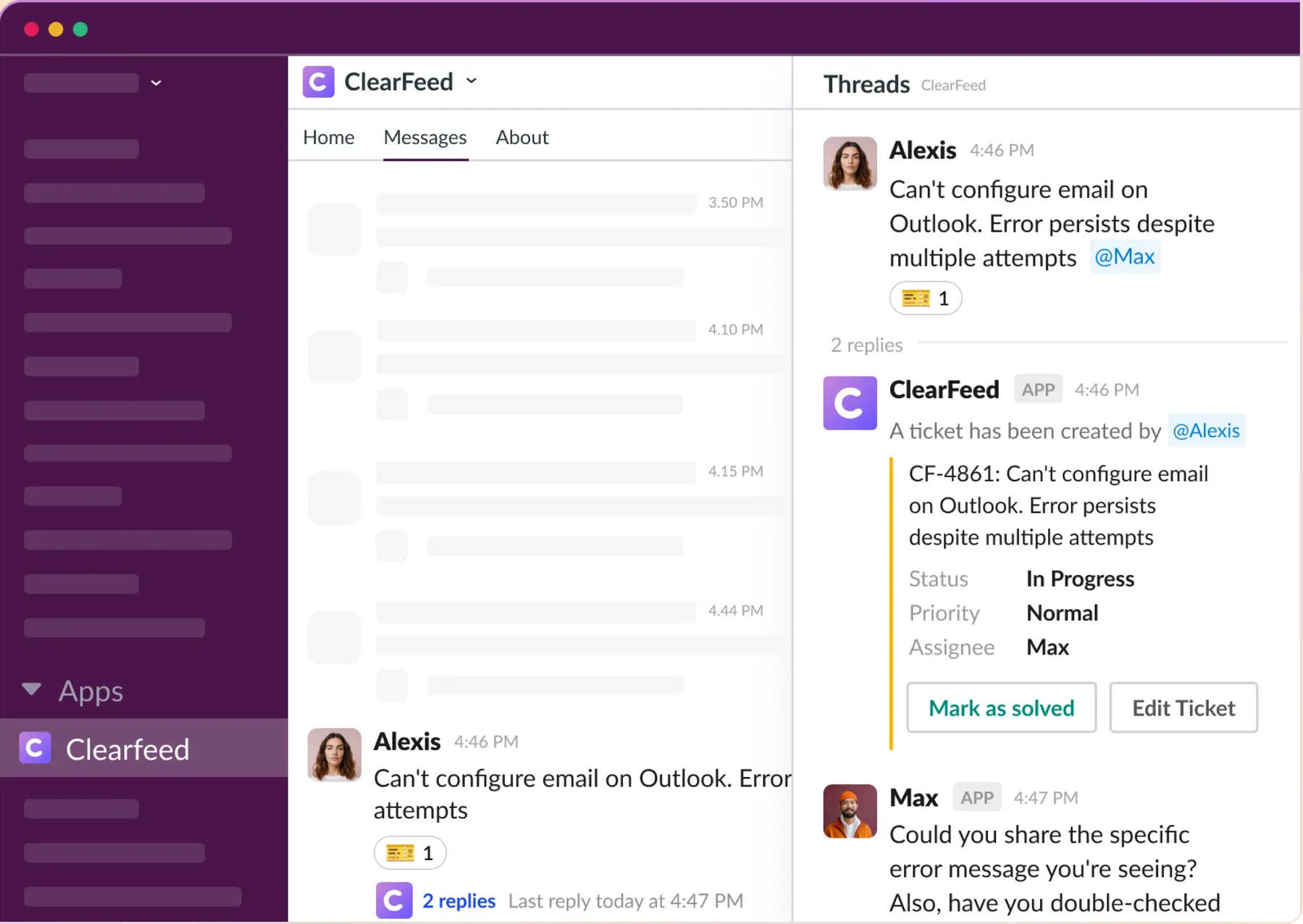 Managing a ClearFeed support ticket in Slack.