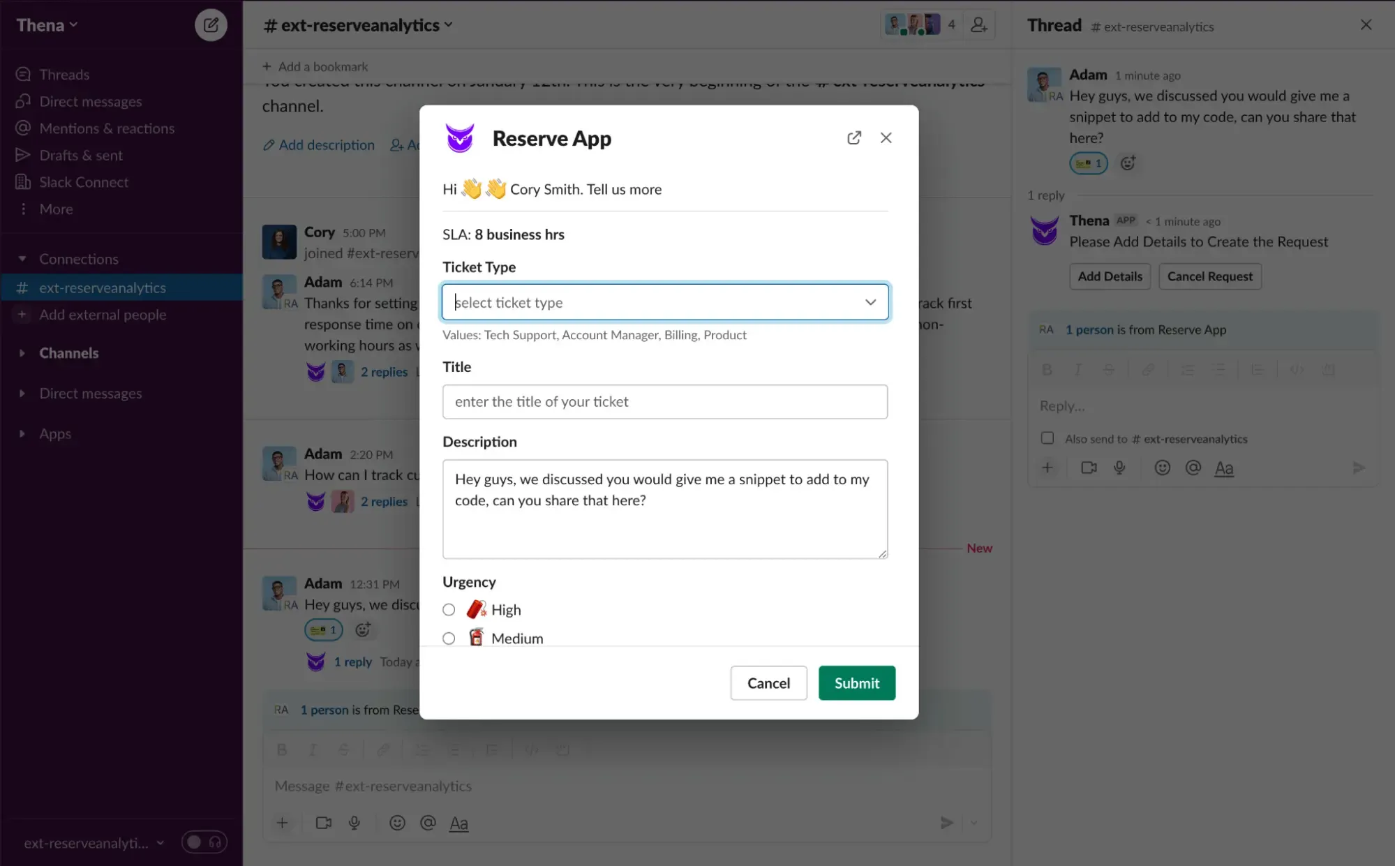 Creating a Thena support ticket in Slack.