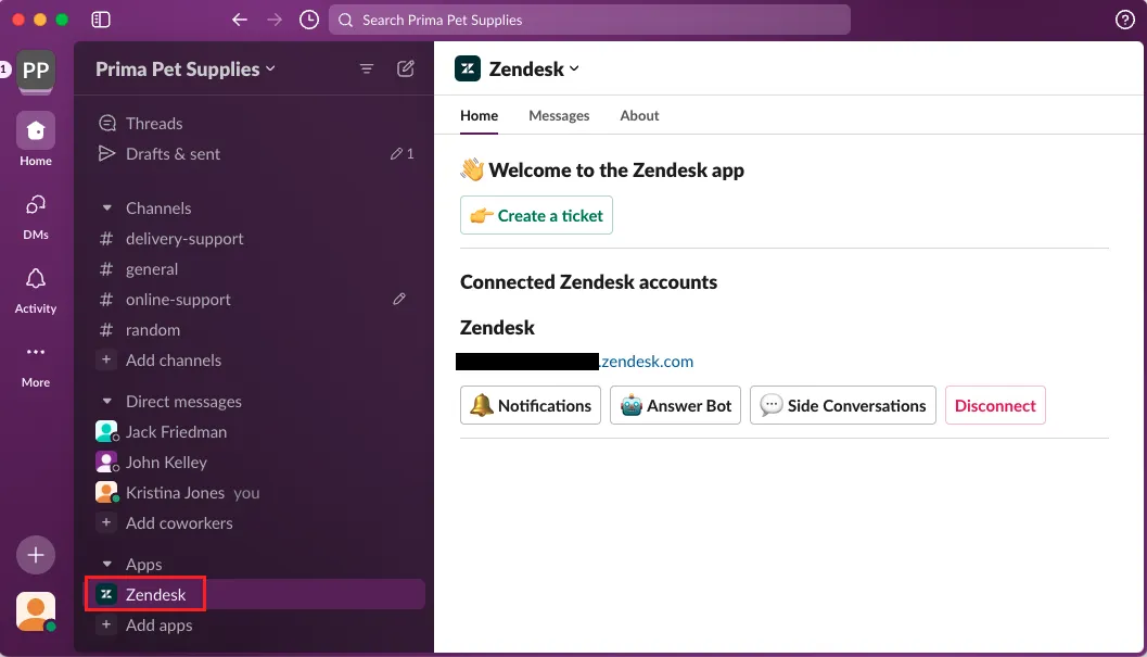 Zendesk app connected to a Slack workspace.