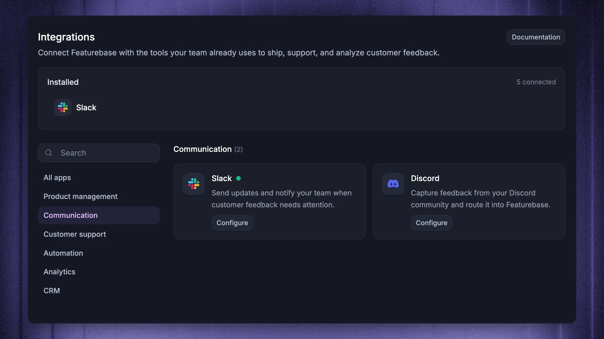 Slack integration in Featurebase.