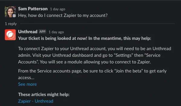 Unthread AI answering a Slack question.