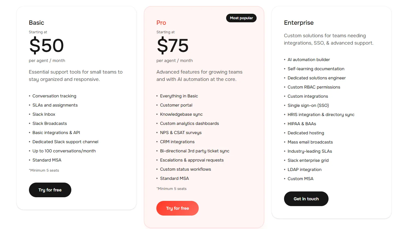 Unthread.io's pricing page