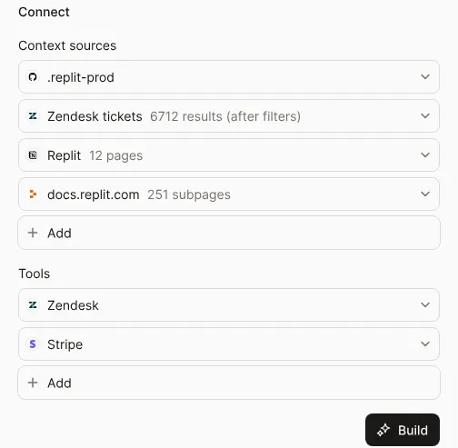 Parahelp connected to Zendesk, Stripe, GitHub, Notion, and Replit.