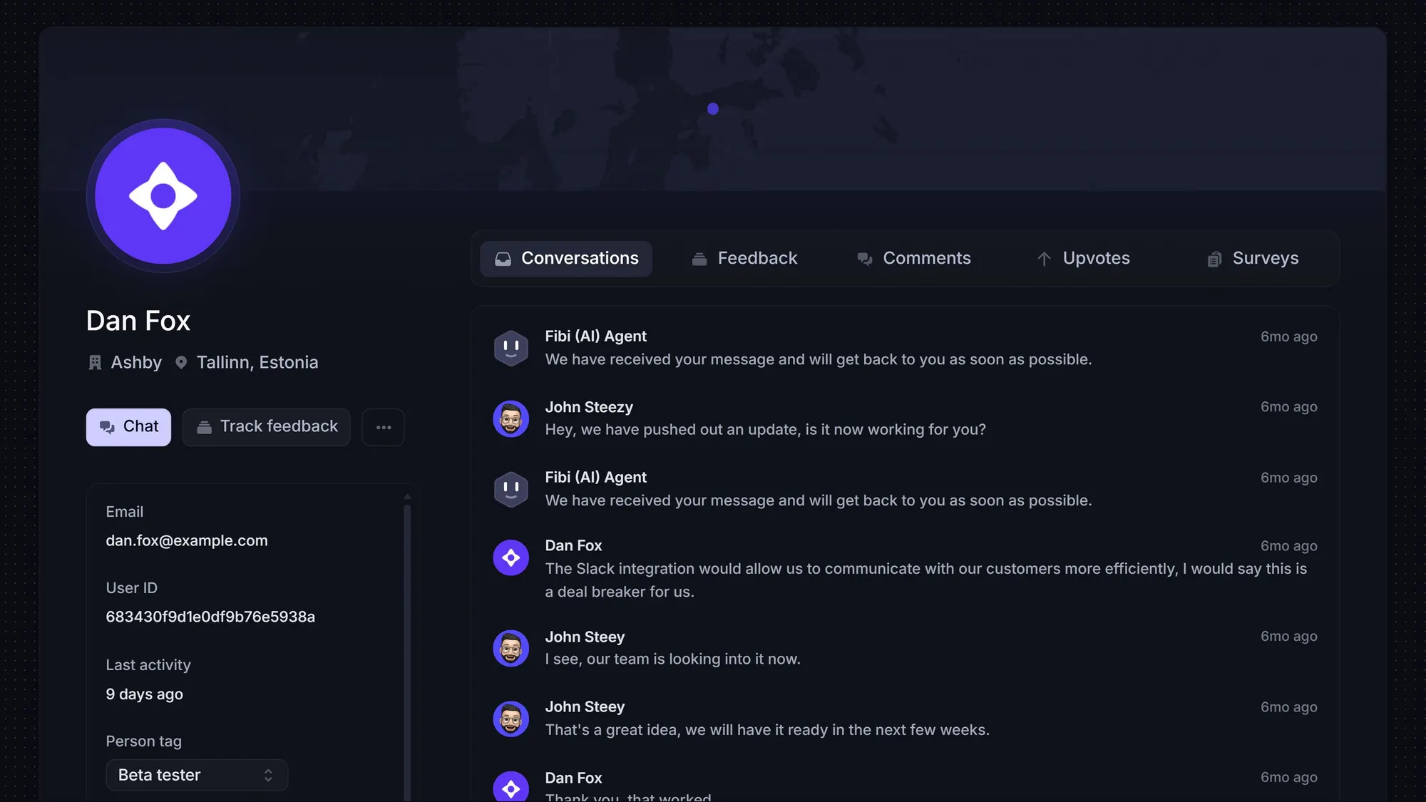 Featurebase customer profile showing conversation history and tabs for feedback, comments, upvotes, and surveys.