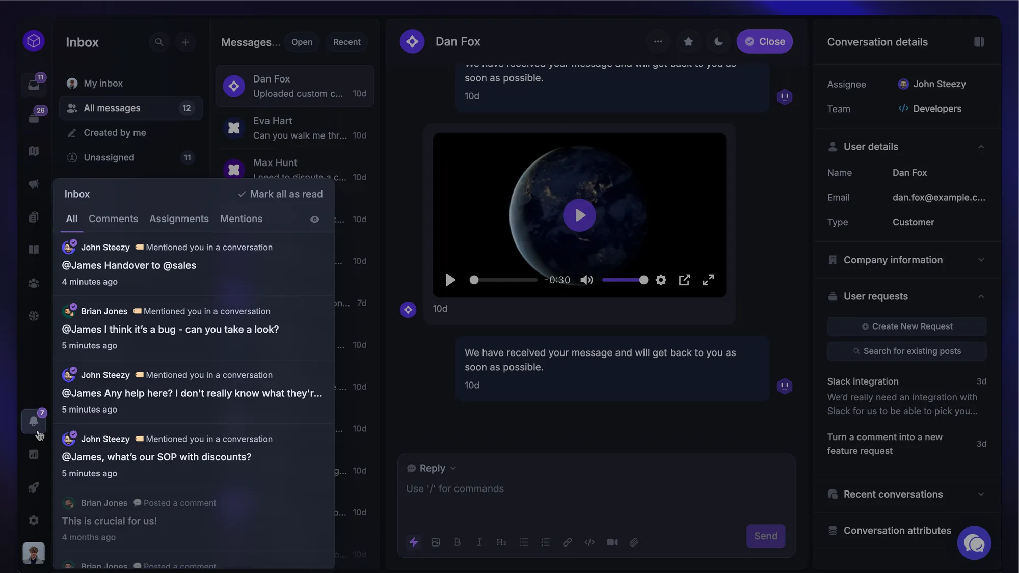 Featurebase Inbox showing teammate mention notifications alongside a customer conversation.