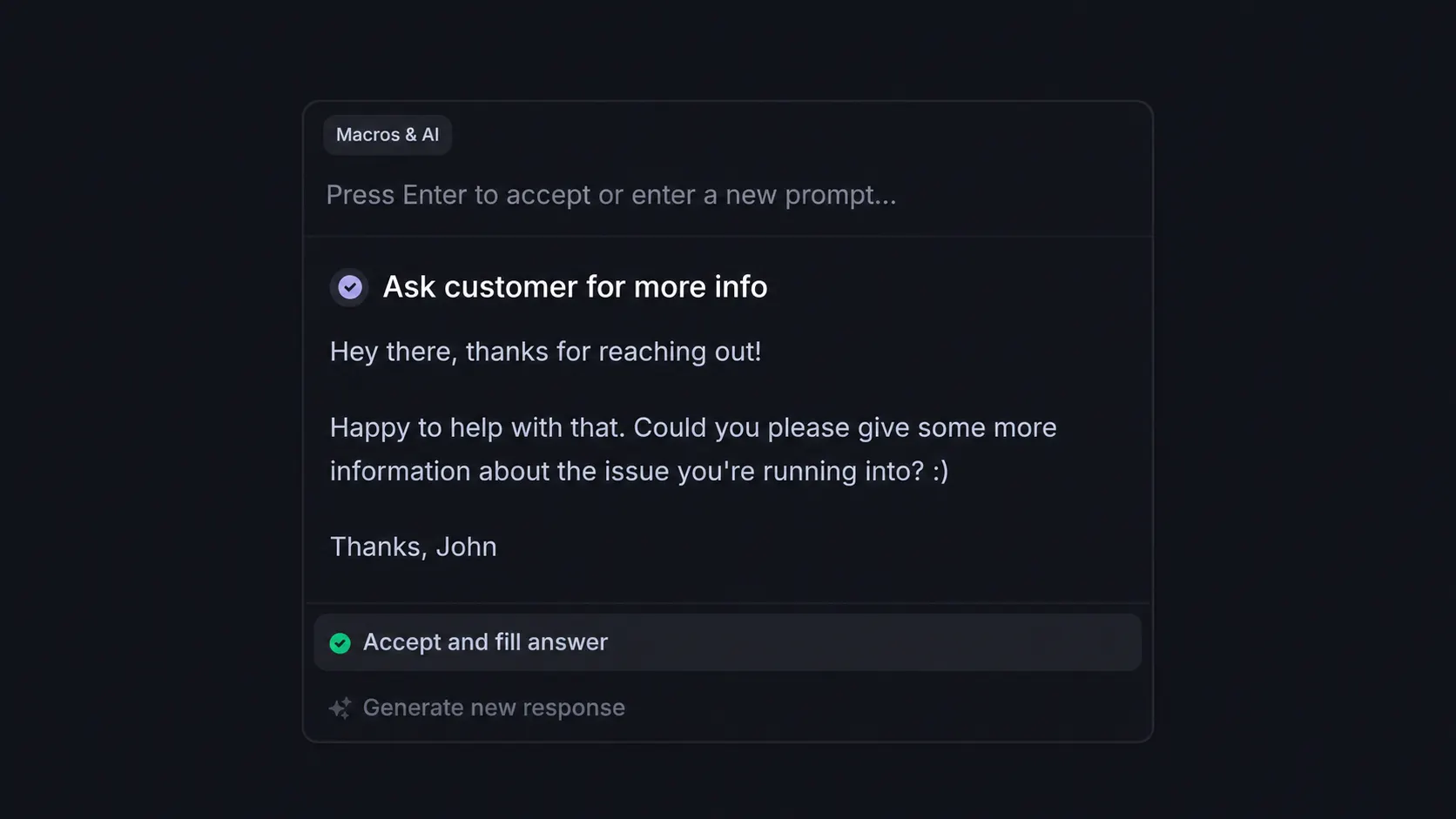 Featurebase's Macros and AI panel showing a reusable reply that asks a customer for more information.