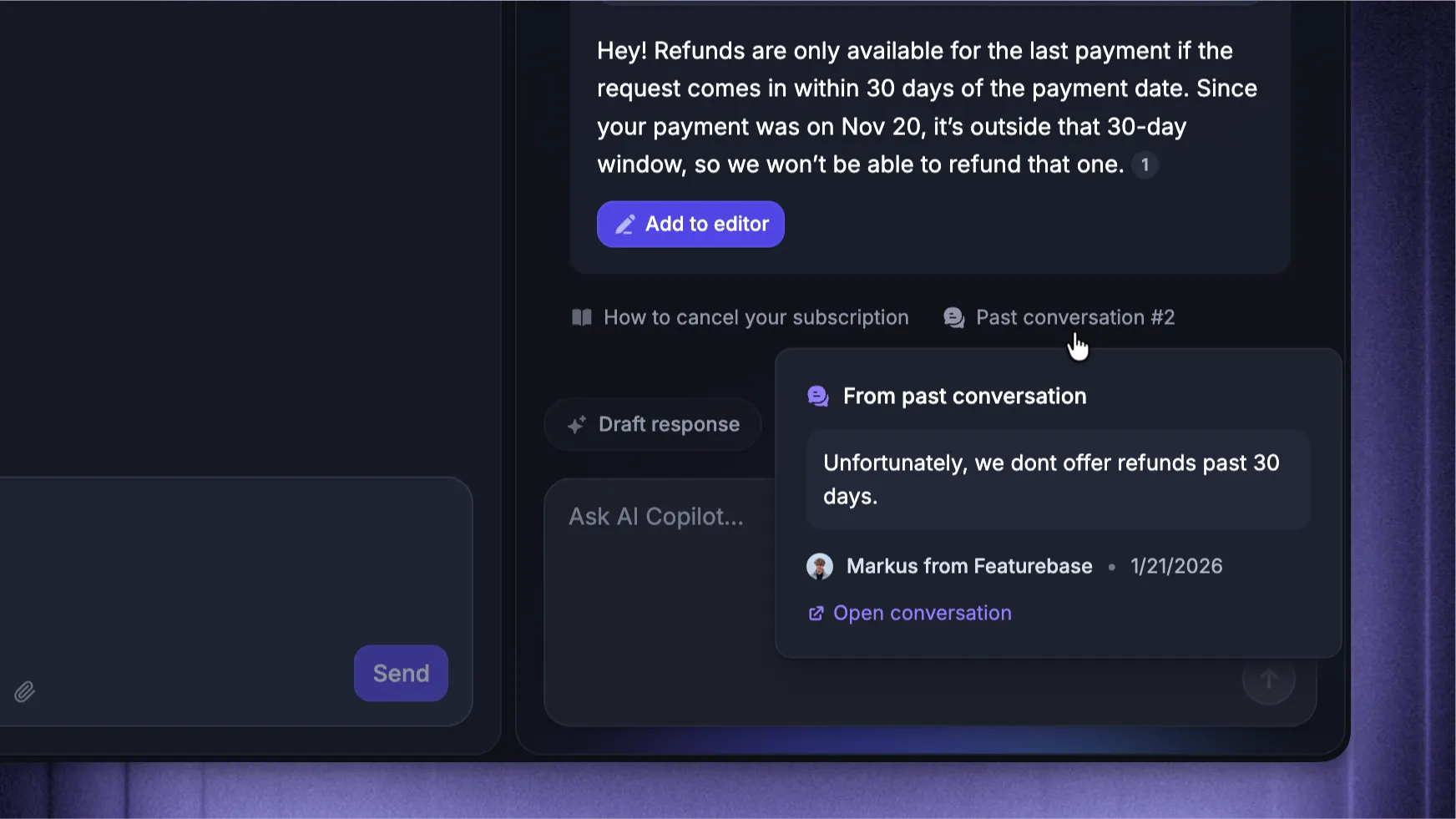 Featurebase AI Copilot showing a draft refund response with a help article and a past conversation as sources.