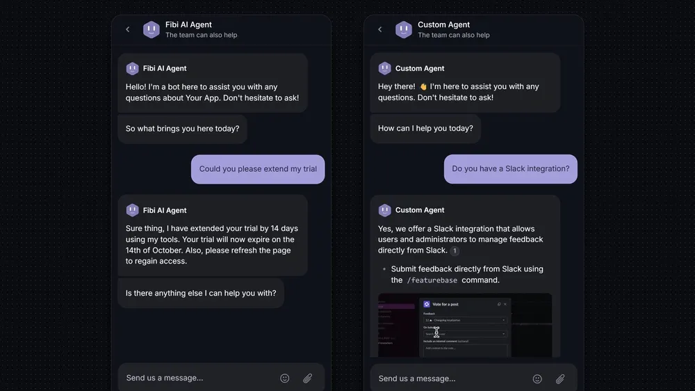 Featurebase AI chat examples showing a trial extension and an answer about the Slack integration.