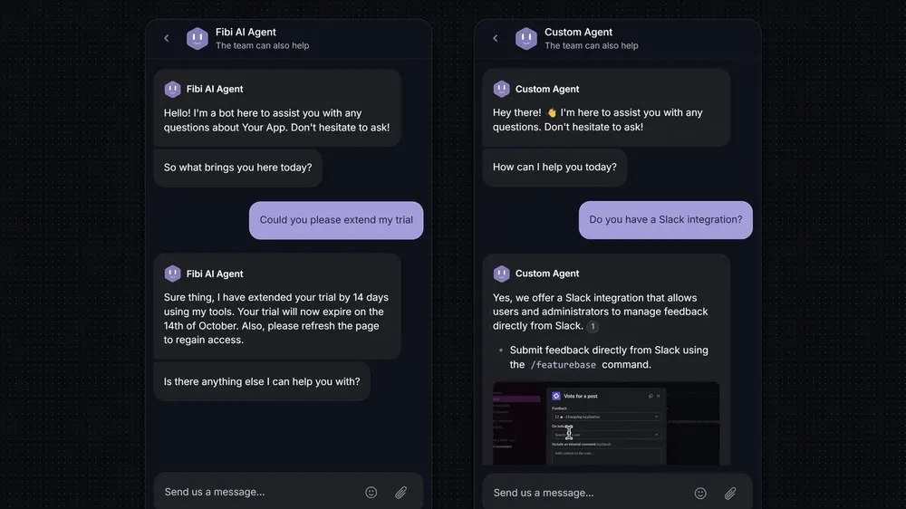 Featurebase AI agents extending a trial and answering a customer question about Slack integration.