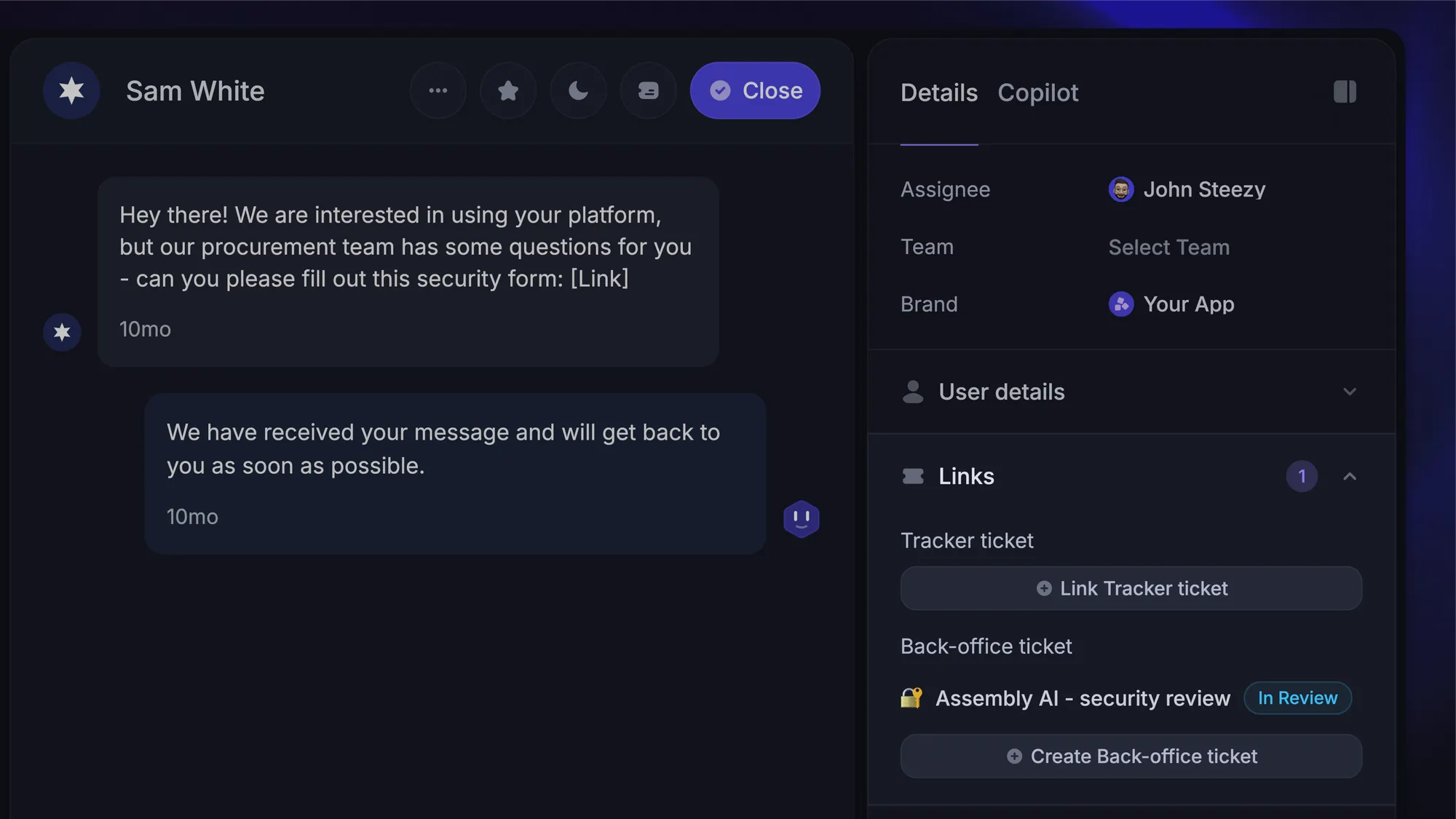 Featurebase support conversation showing its assignee and a linked back-office security review ticket.