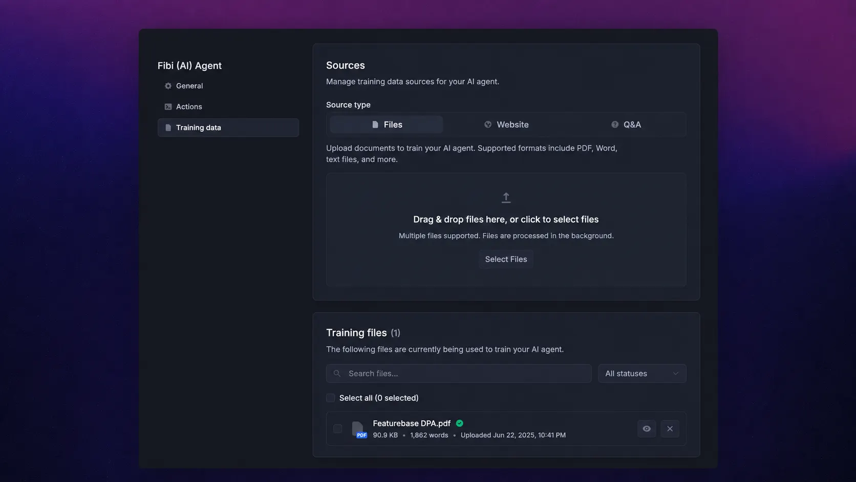 Featurebase Fibi AI Agent training data settings with file uploads, website sources, and Q&A tabs.