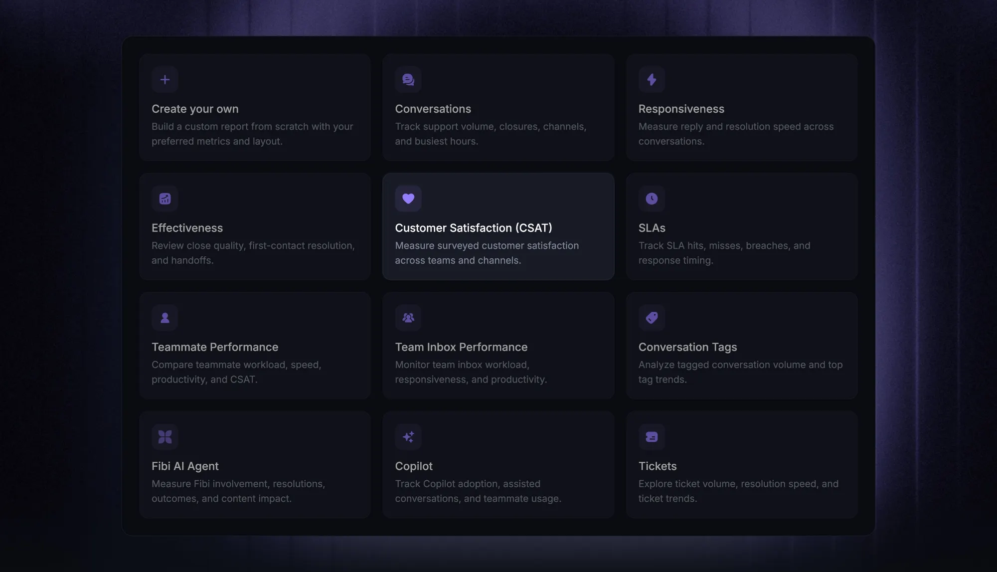Featurebase report templates for response times, resolution effectiveness, customer satisfaction, and team performance.