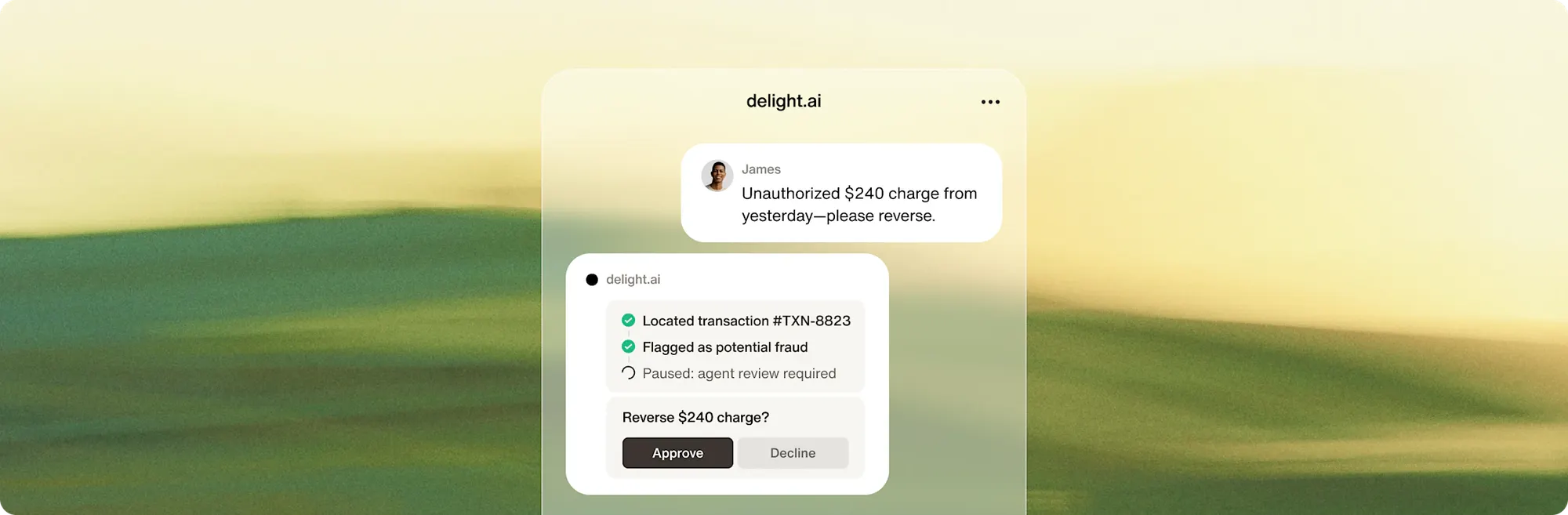 Delight AI reviewing a disputed charge and asking a human agent to approve or decline a reversal.