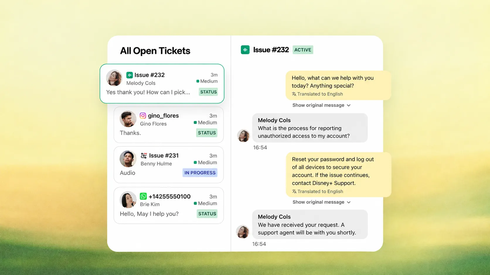 Delight Desk inbox showing open tickets from multiple channels and a translated customer conversation.