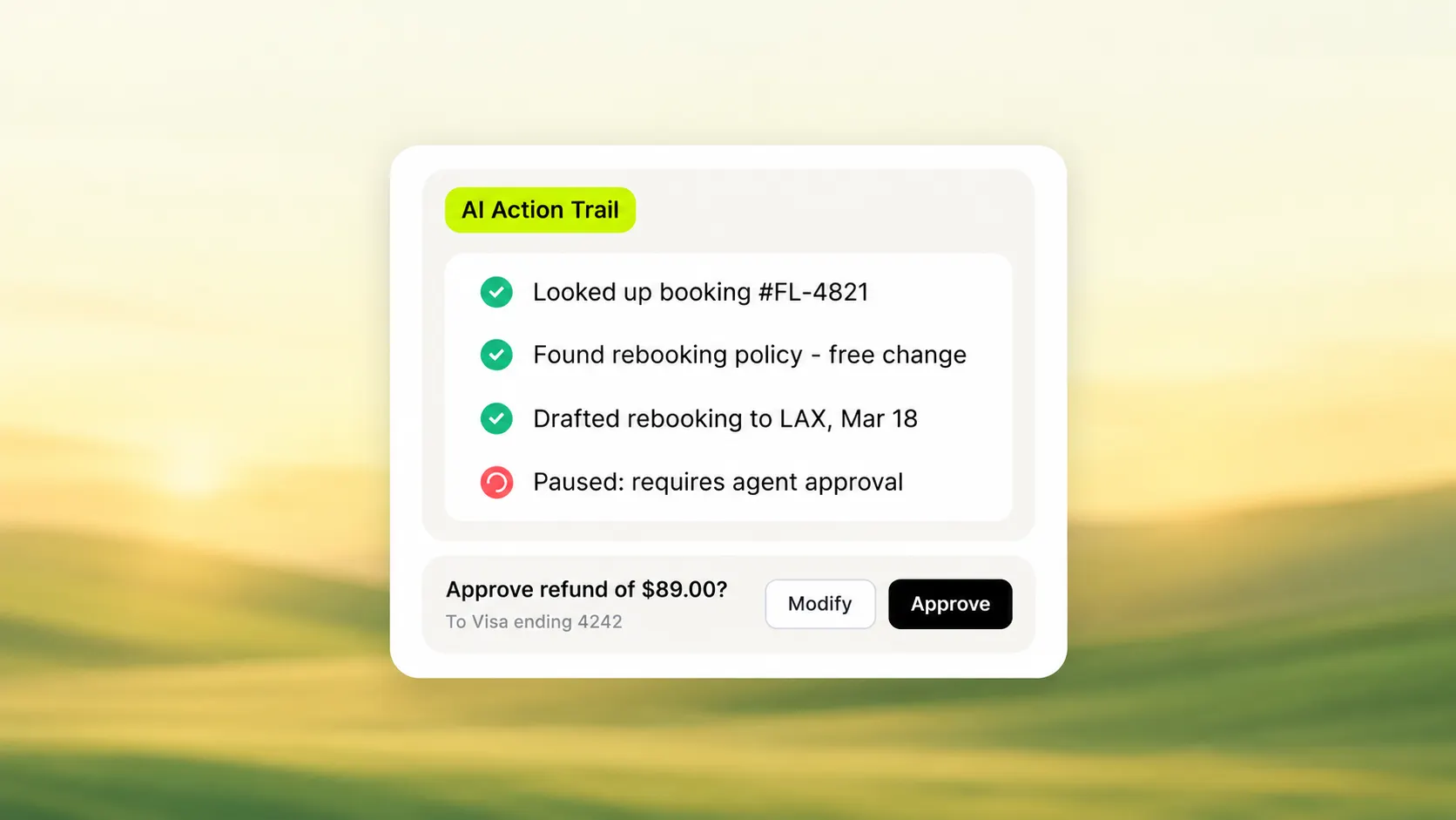 Delight AI action trail showing booking checks and a rebooking task paused for agent approval.