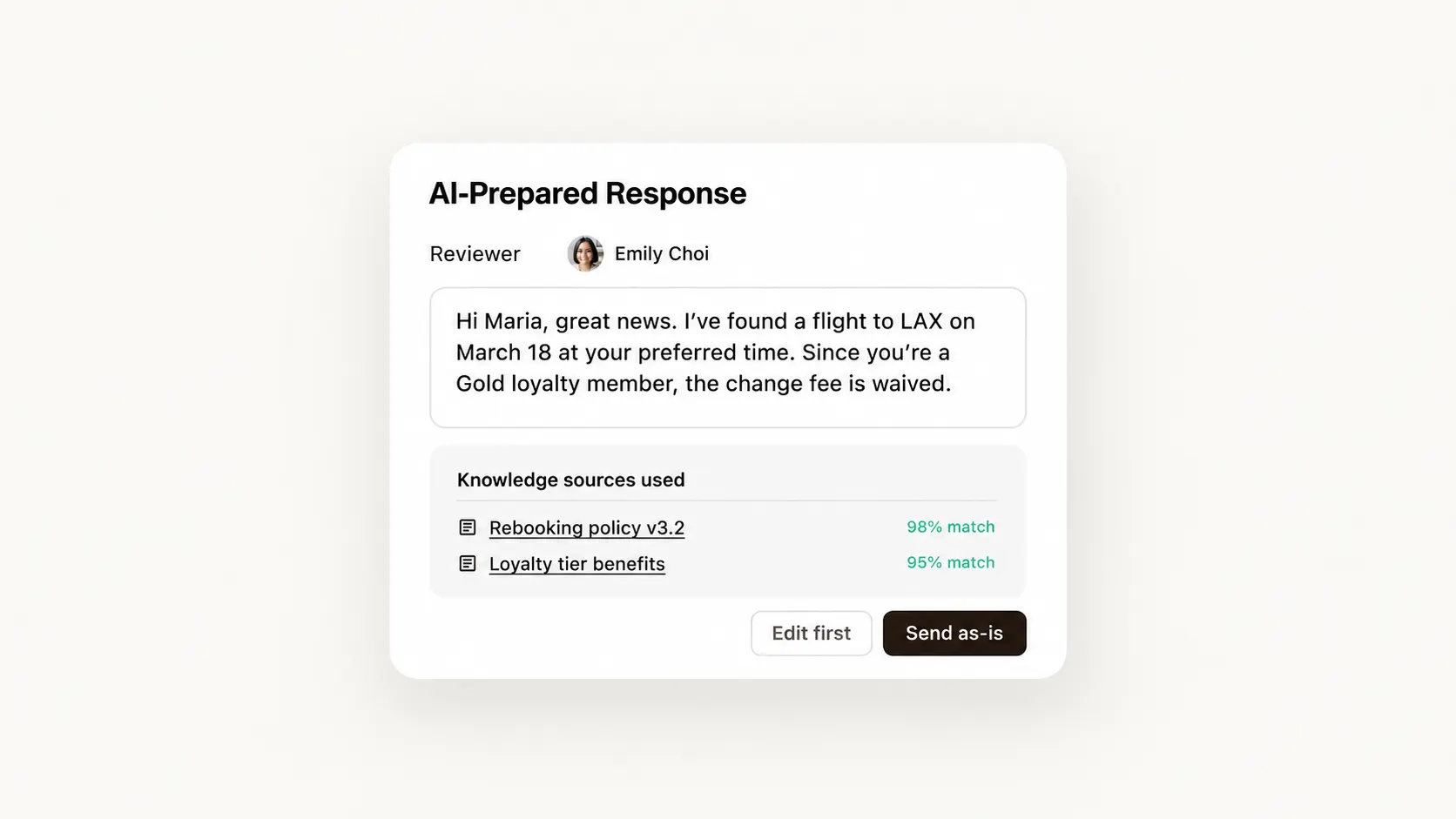 Delight Desk AI-prepared response with knowledge sources and controls to edit or send the reply.